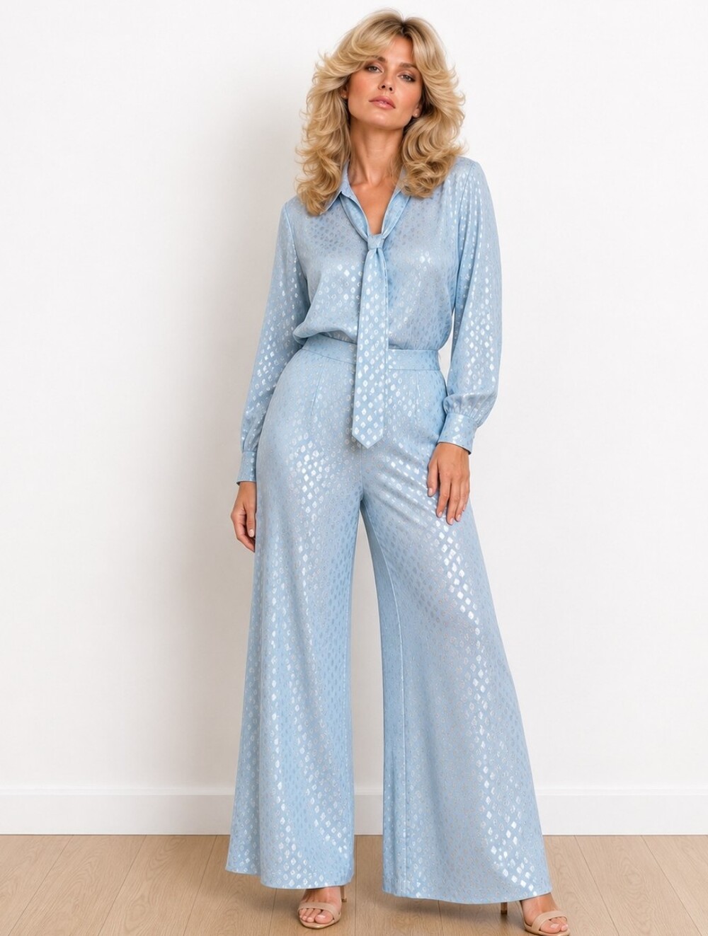 Vintage 70s Julie Miller Powder Blue Silver Metallic Disco Pantsuit Wide Leg M